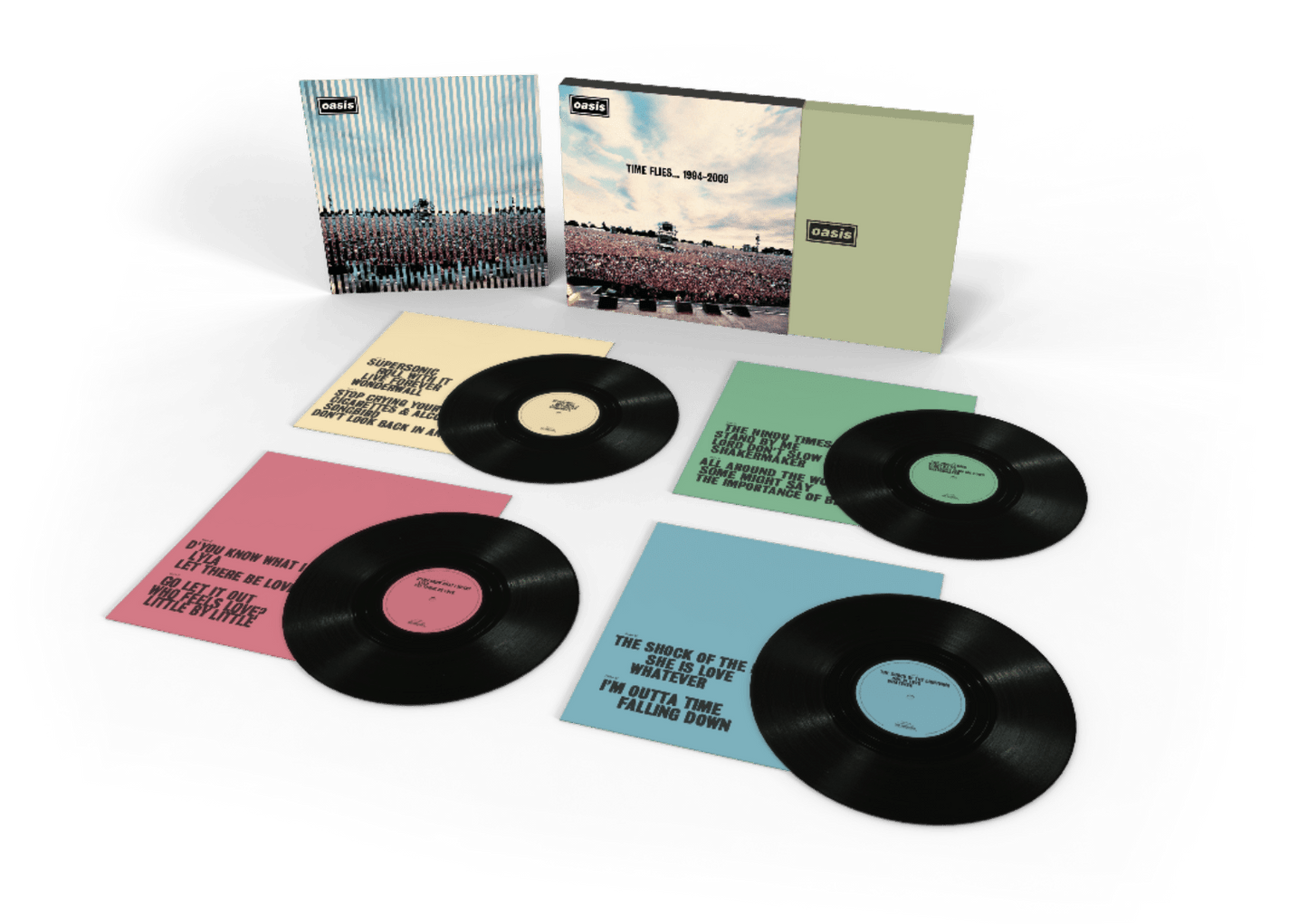 Deluxe 15th anniversary Oasis vinyl box set with four black LPs, limited edition print, and slipcase packaging.