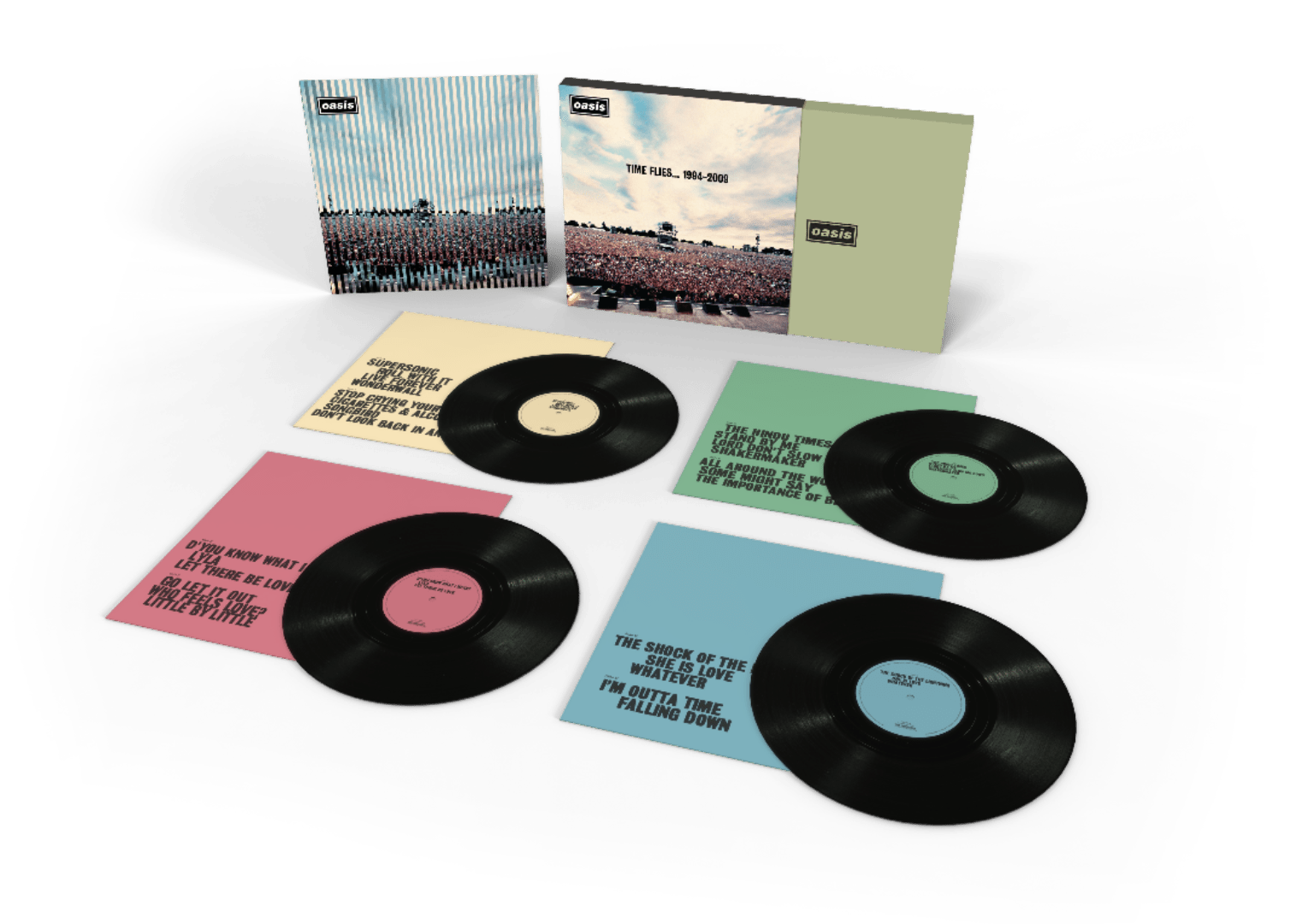 Deluxe 15th anniversary Oasis vinyl box set with four black LPs, limited edition print, and slipcase packaging.