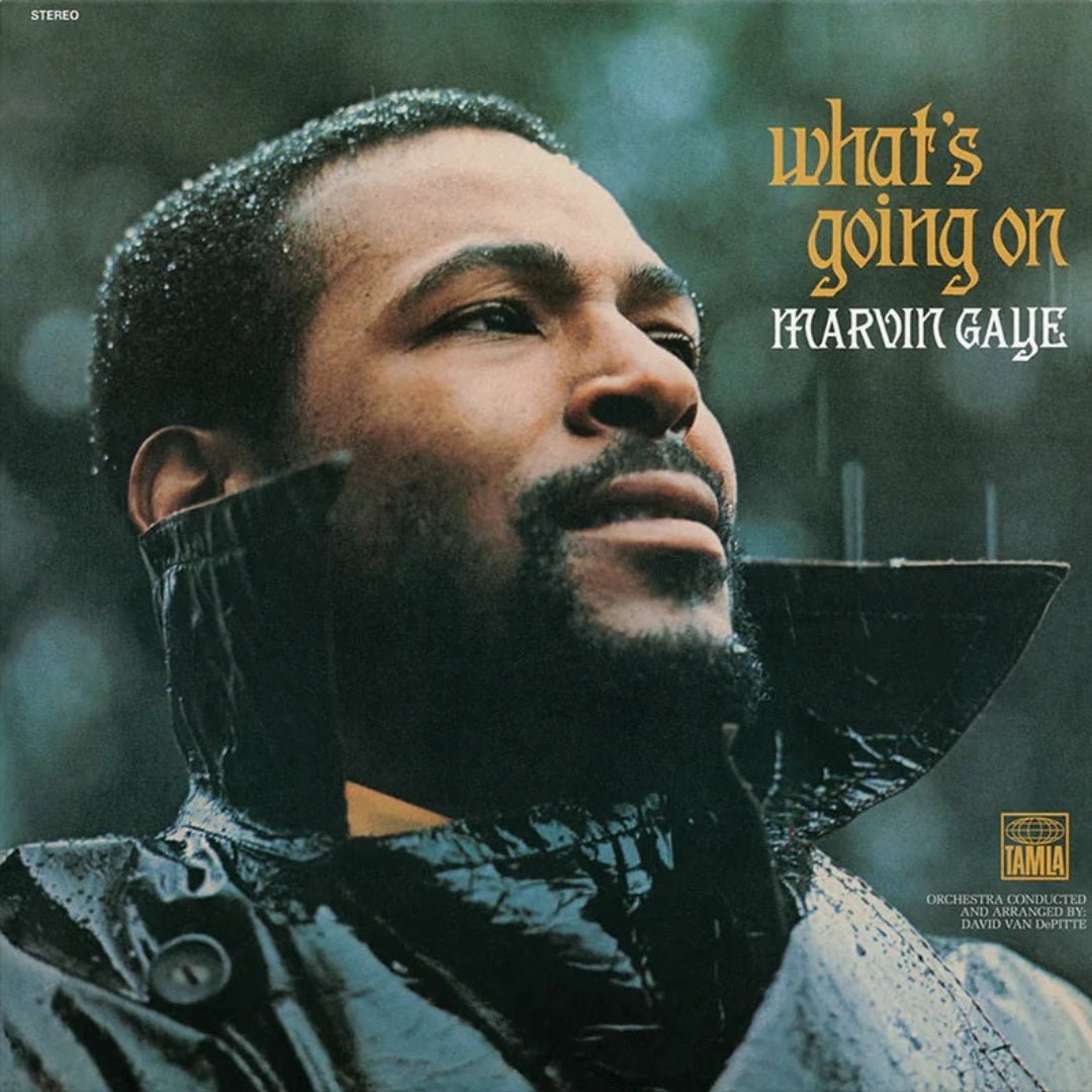 Marvin Gaye What’s Going On vinyl cover featuring classic portrait artwork