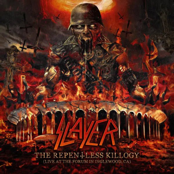 Slayer live at Los Angeles Forum on August 5, 2017, performing “Raining Blood” amid epic stage production.