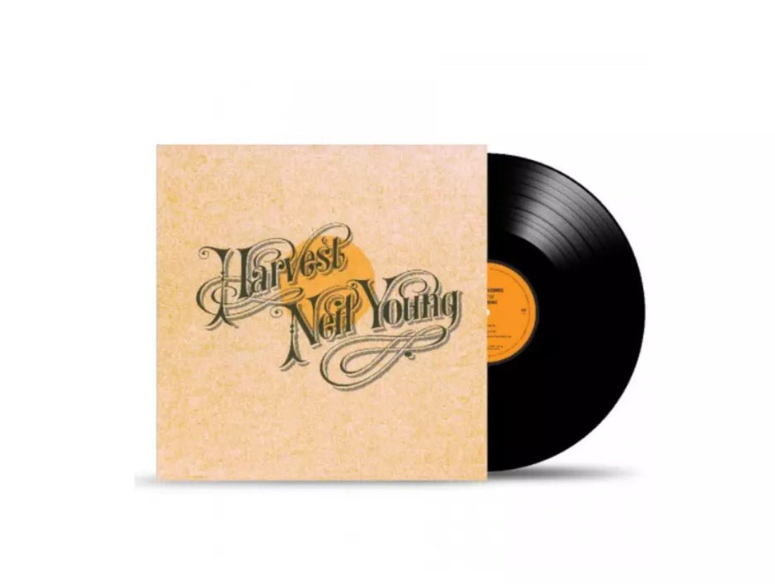 Harvest LP by Neil Young shown in standard sleeve with vinyl partially visible