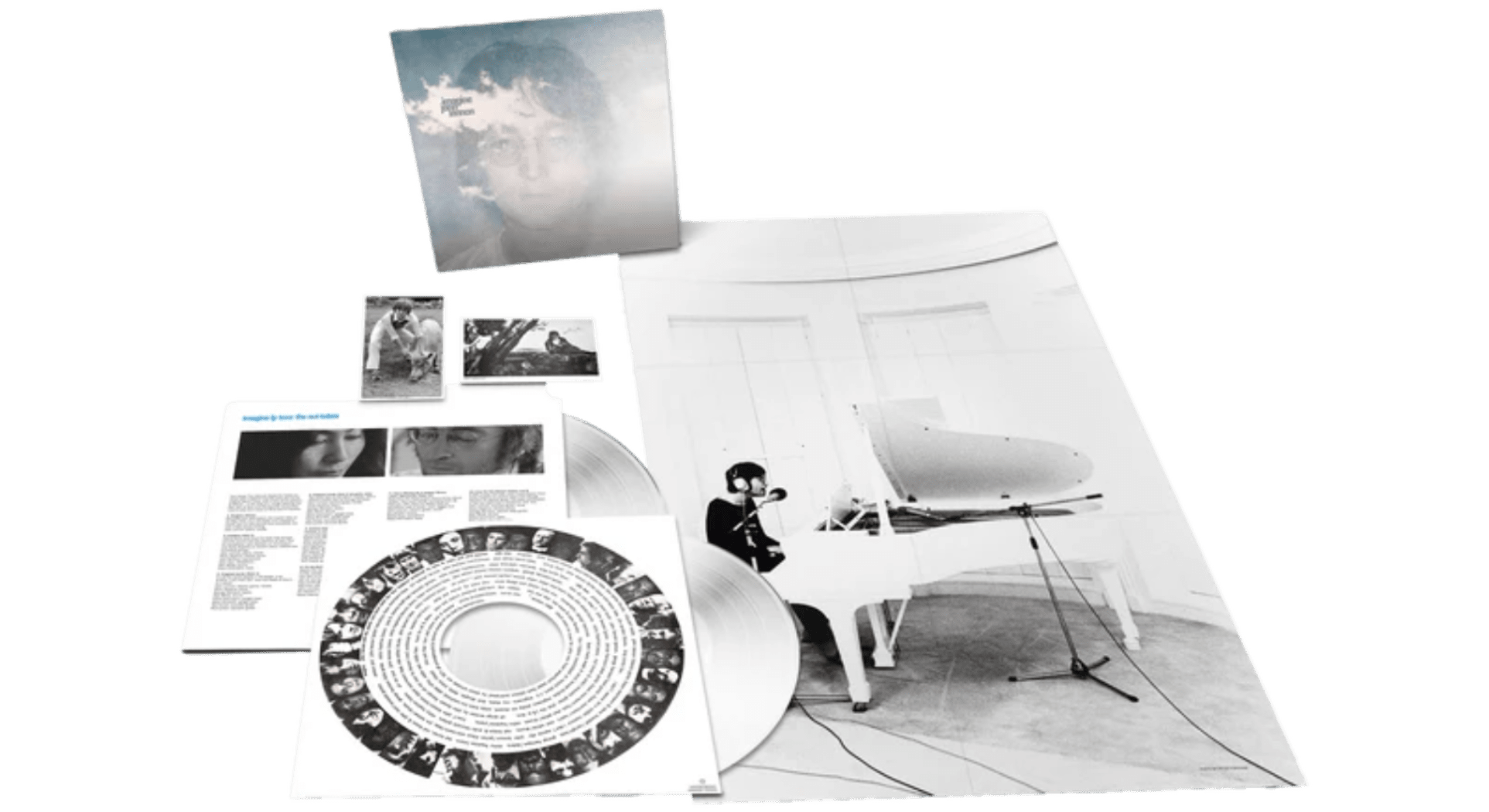 Close-up of white vinyl records from John Lennon’s Imagine 2 LP set