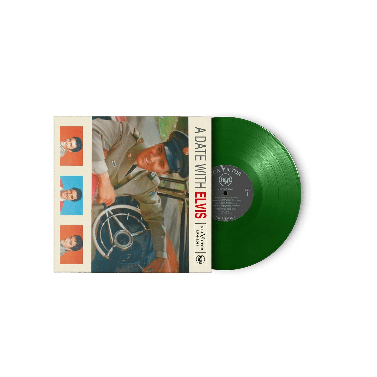 Elvis Presley on the cover of A Date With Elvis green vinyl edition