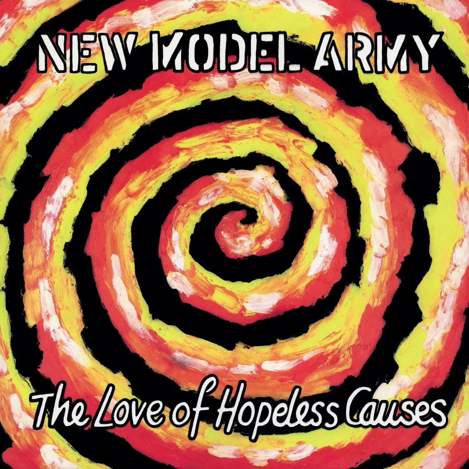 Album cover with a colorful spiral design and text 'New Model Army' and 'The Love of Hopeless Causes'.