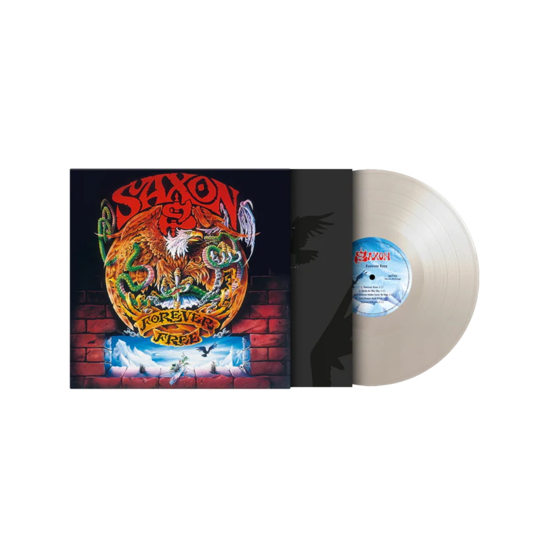 Close-up of the Forever Free album artwork by Saxon on white vinyl.