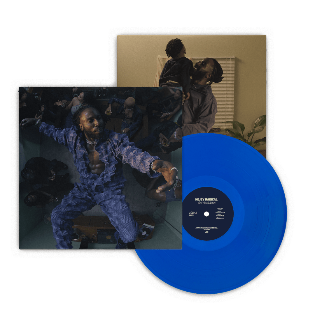 Blue vinyl record with Kojey Radical in pajamas and a room setting in the background