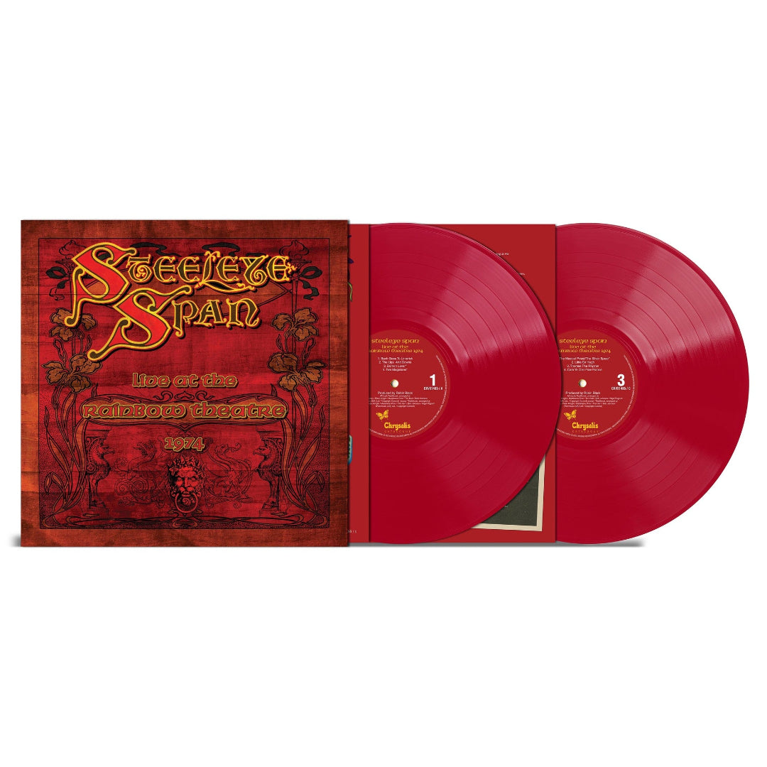 Close‑up of translucent red vinyl disc from Steeleye Span Rainbow Theatre release