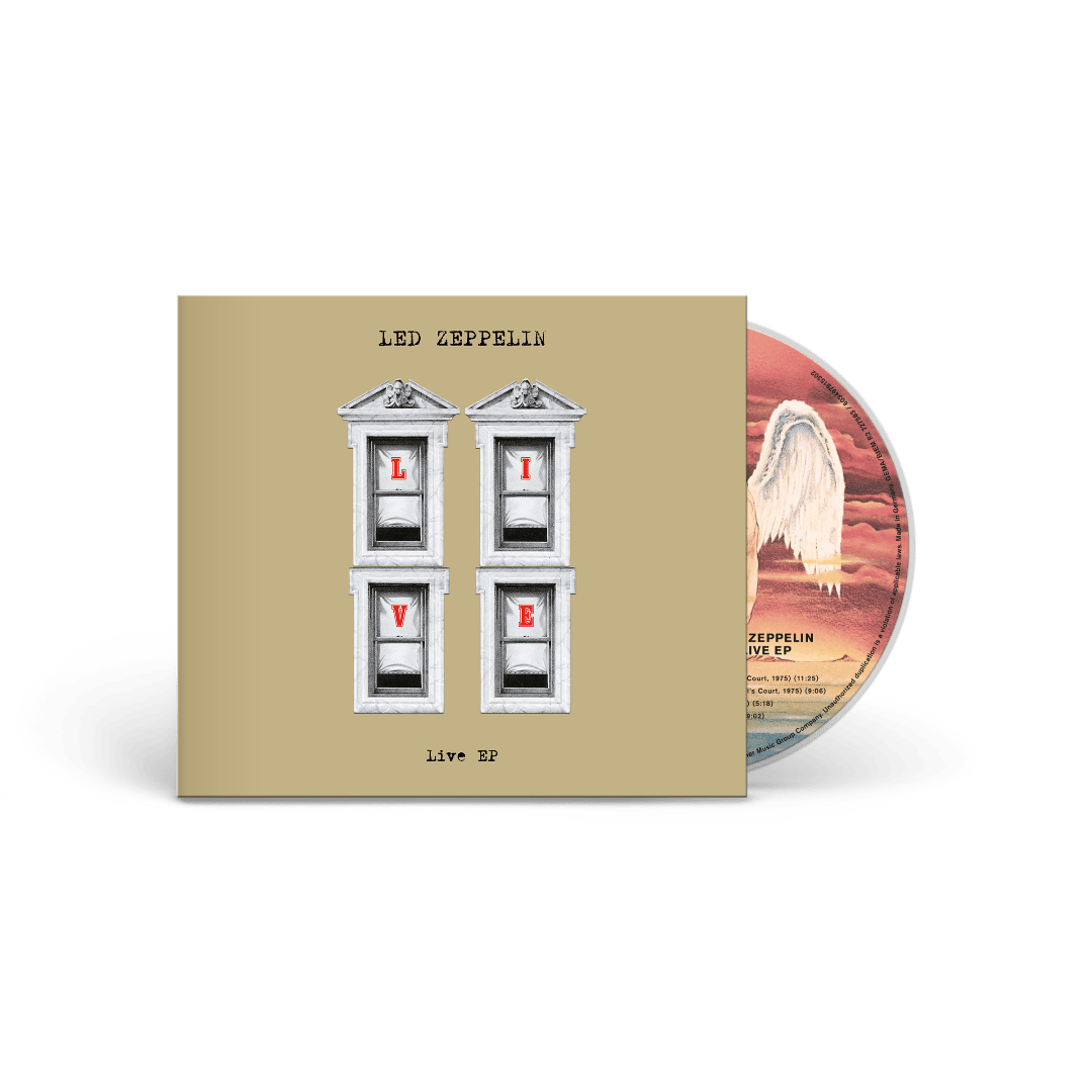 Led Zeppelin CD with beige cover and red disc on a white background