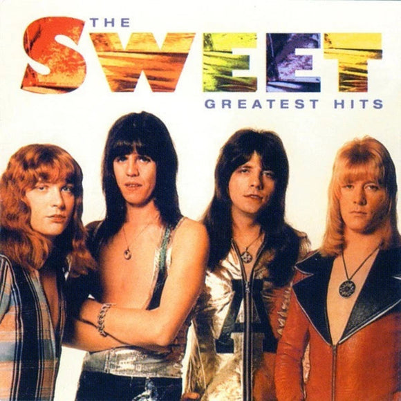 Album cover of 'The Sweet Greatest Hits' featuring four band members.
