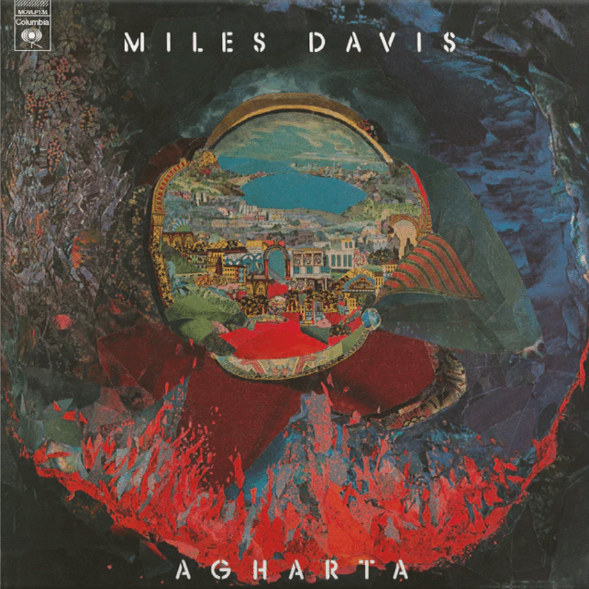 Front cover of Miles Davis – Agharta 50th Anniversary Edition on translucent blue vinyl