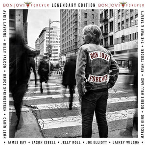 Album cover for 'Bon Jovi Forever' with a person wearing a jacket with 'Bon Jovi Forever' on it, standing on a city street.