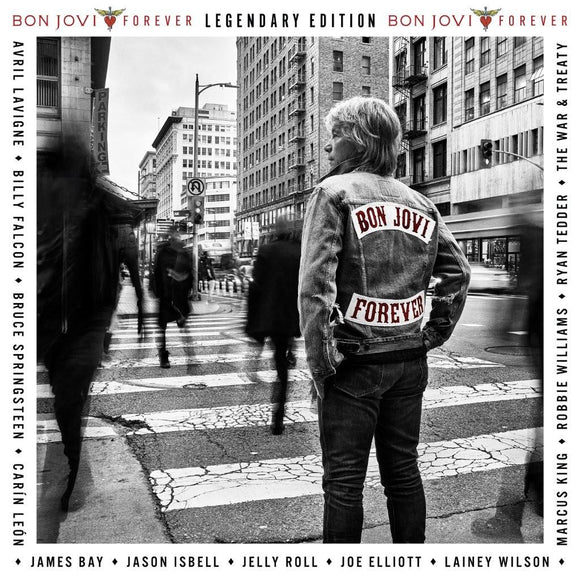 Album cover for 'Bon Jovi Forever' with a person wearing a jacket with 'Bon Jovi Forever' on it, standing on a city street.