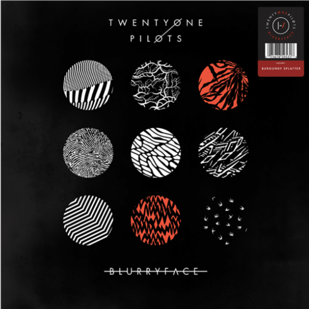 Twenty One Pilots Blurryface album cover with black, white, and red artwork.