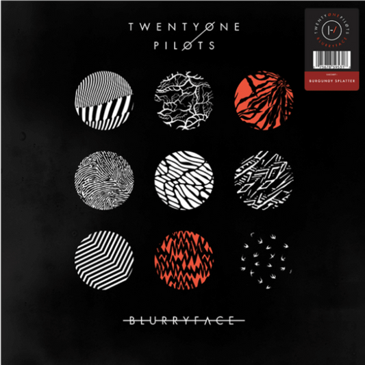 Twenty One Pilots Blurryface album cover with black, white, and red artwork.