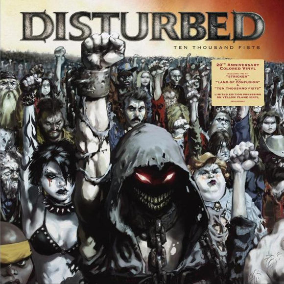 Disturbed Ten Thousand Fists 20th Anniversary album cover on Yellow Flame vinyl