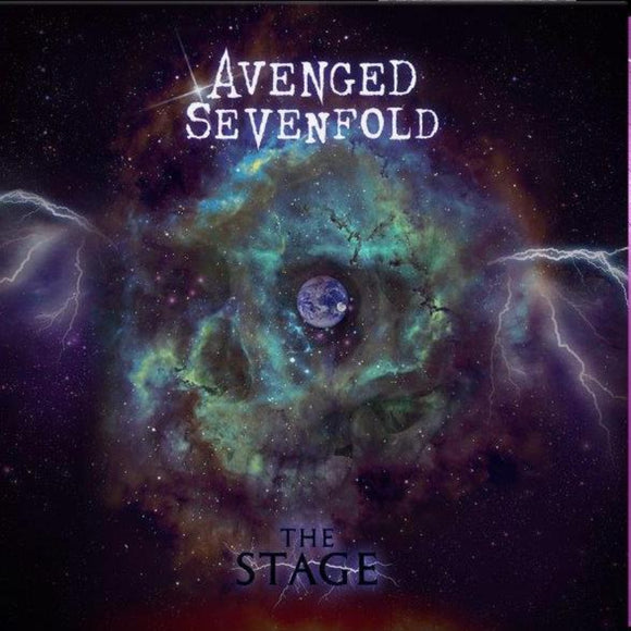 Album cover for Avenged Sevenfold's 'The Stage' with a nebula and lightning design.