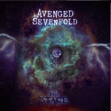 Album cover for Avenged Sevenfold's 'The Stage' with a nebula and lightning design.