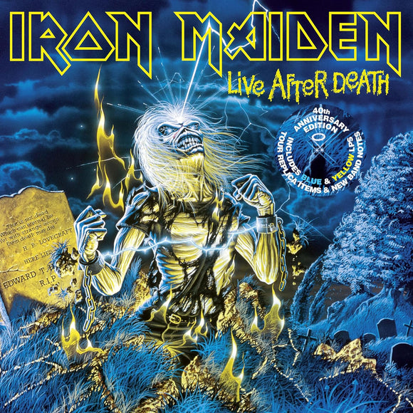 Iron Maiden Live After Death limited edition blue and yellow vinyl set.