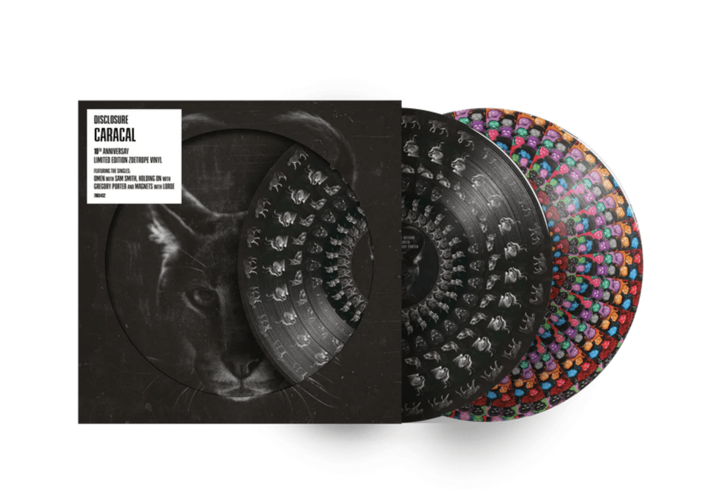 Close-up of spinning Caracal Zoetrope vinyl showing animated artwork inspired by album art.