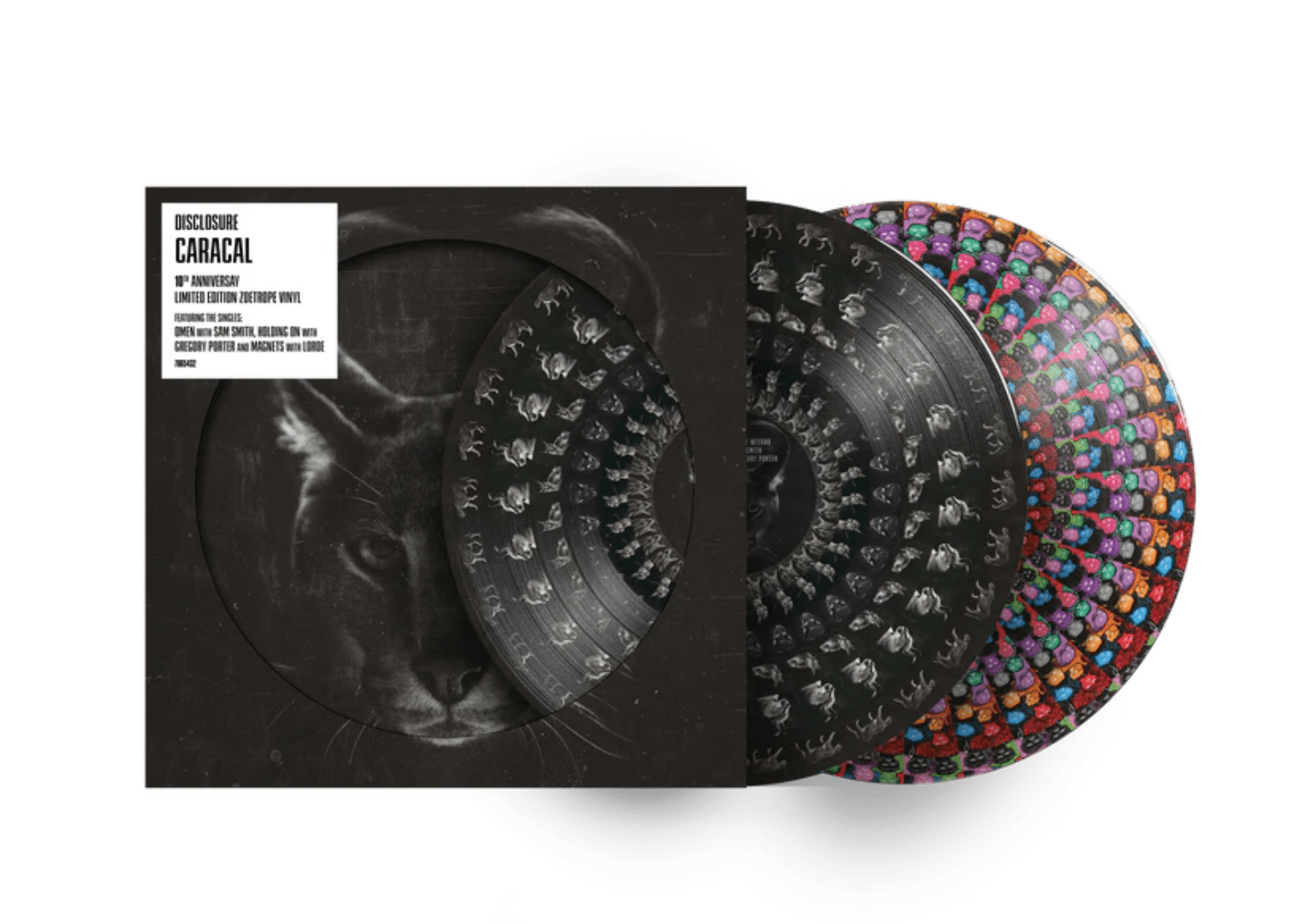 Close-up of spinning Caracal Zoetrope vinyl showing animated artwork inspired by album art.