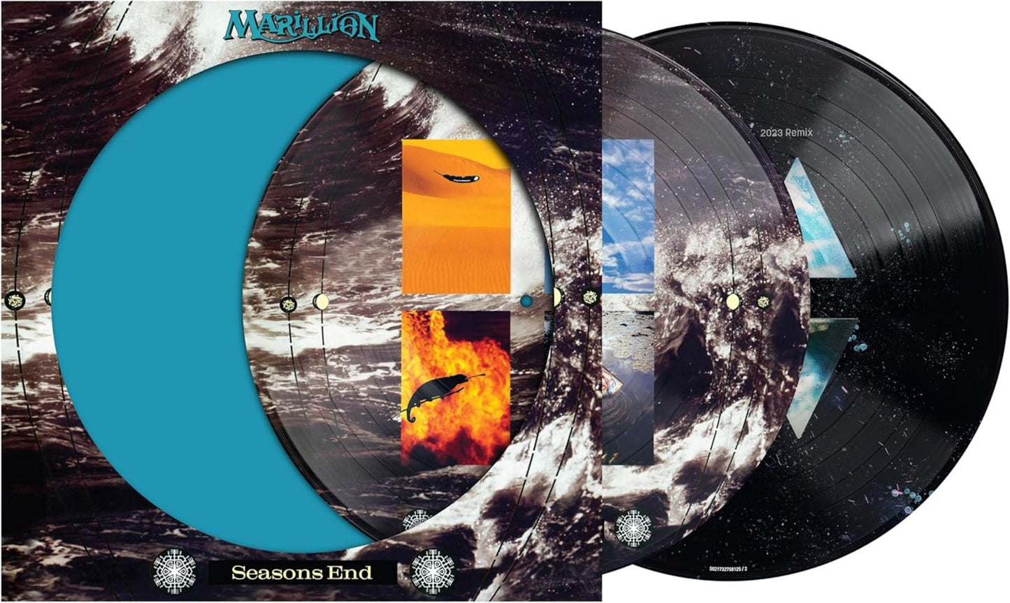 Close-up of Seasons End picture disc showing vibrant vinyl artwork and labels.