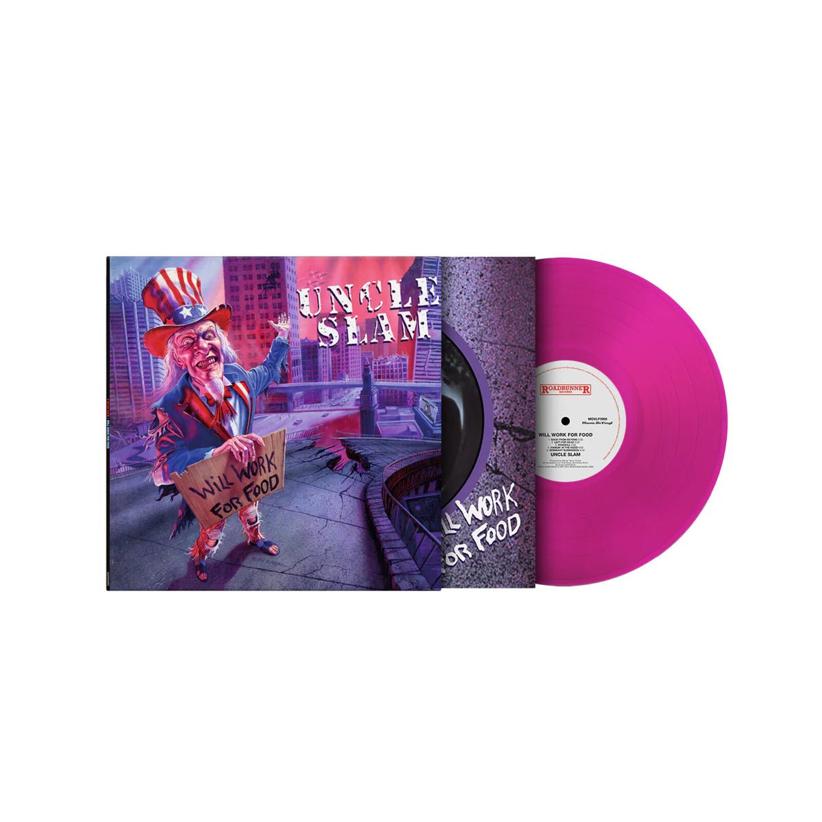 Uncle Slam Will Work For Food LP purple vinyl record sleeve artwork