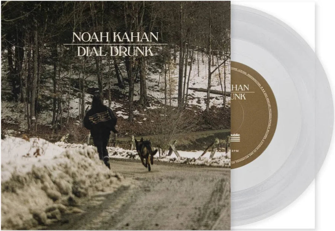 Noah Kahan Dial Drunk 7 inch clear vinyl record showing the translucent wax and center label.