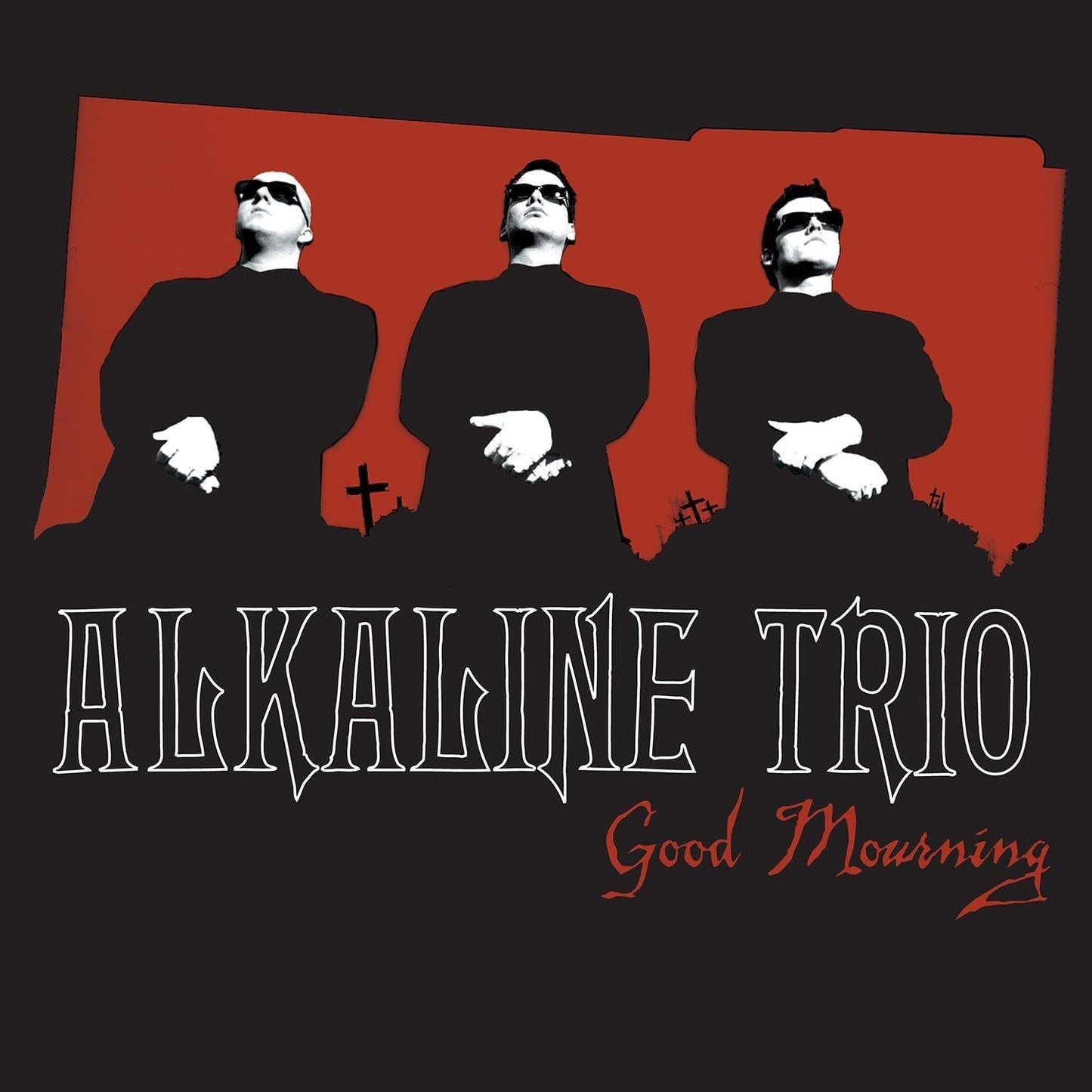 The contrasting deep red and stark black color scheme of the classic Alkaline Trio Good Mourning cover art.