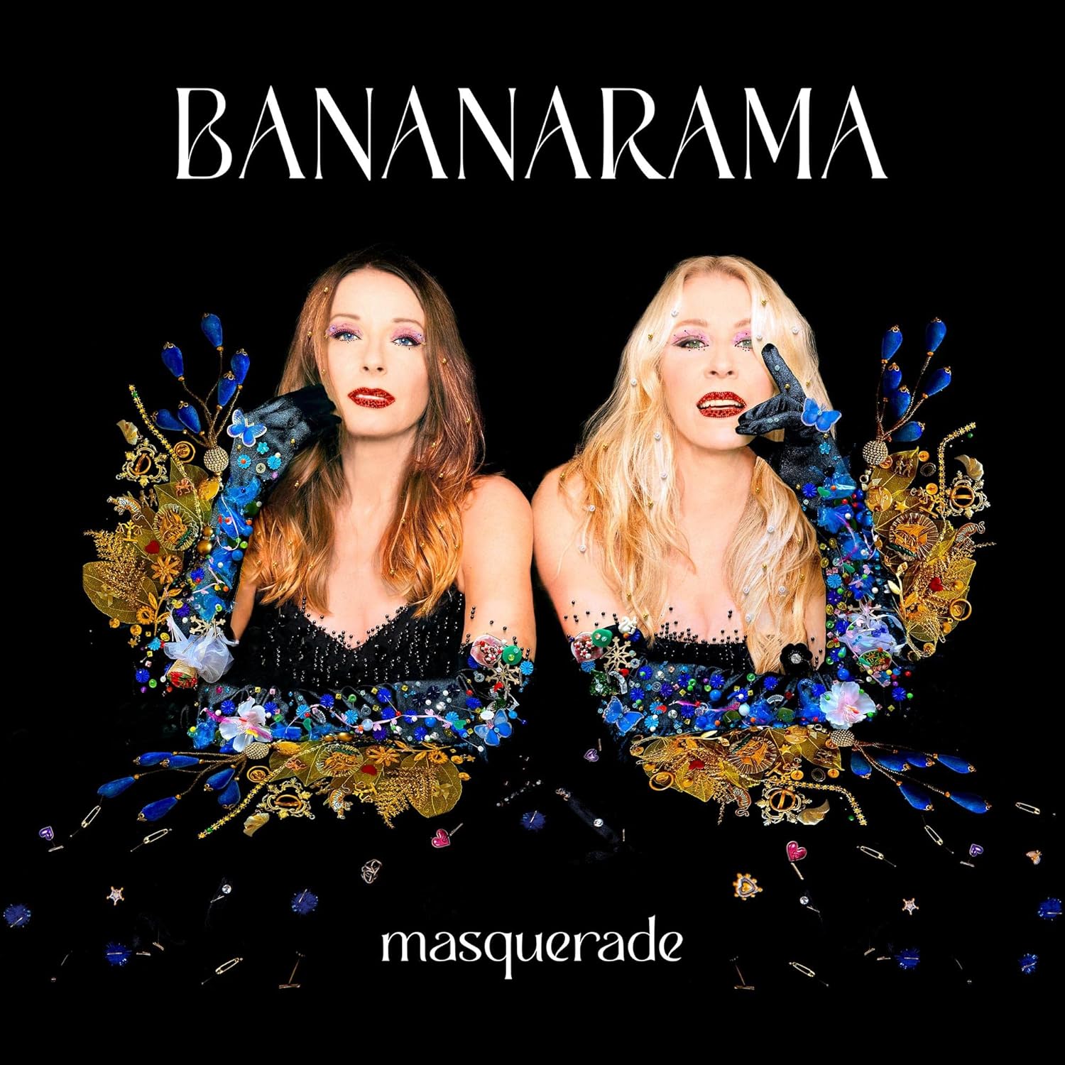Full packaging layout of the indies exclusive Bananarama Masquerade blue vinyl album displaying inner lyrics sheet.