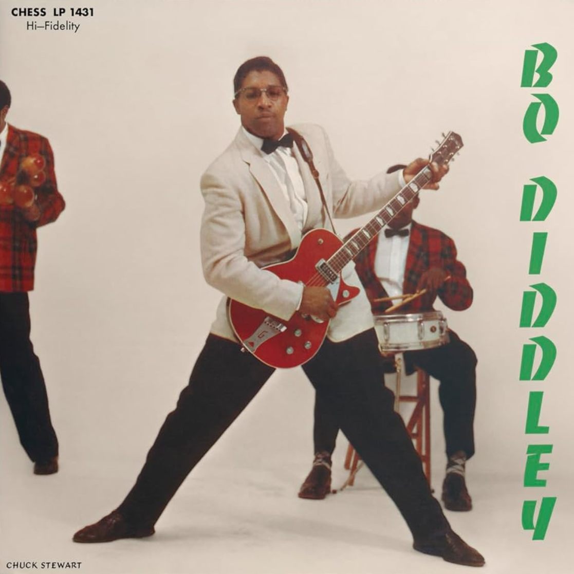 Front cover artwork of the Bo Diddley LP featuring the iconic Chuck Stewart portrait photograph of Bo holding his guitar.