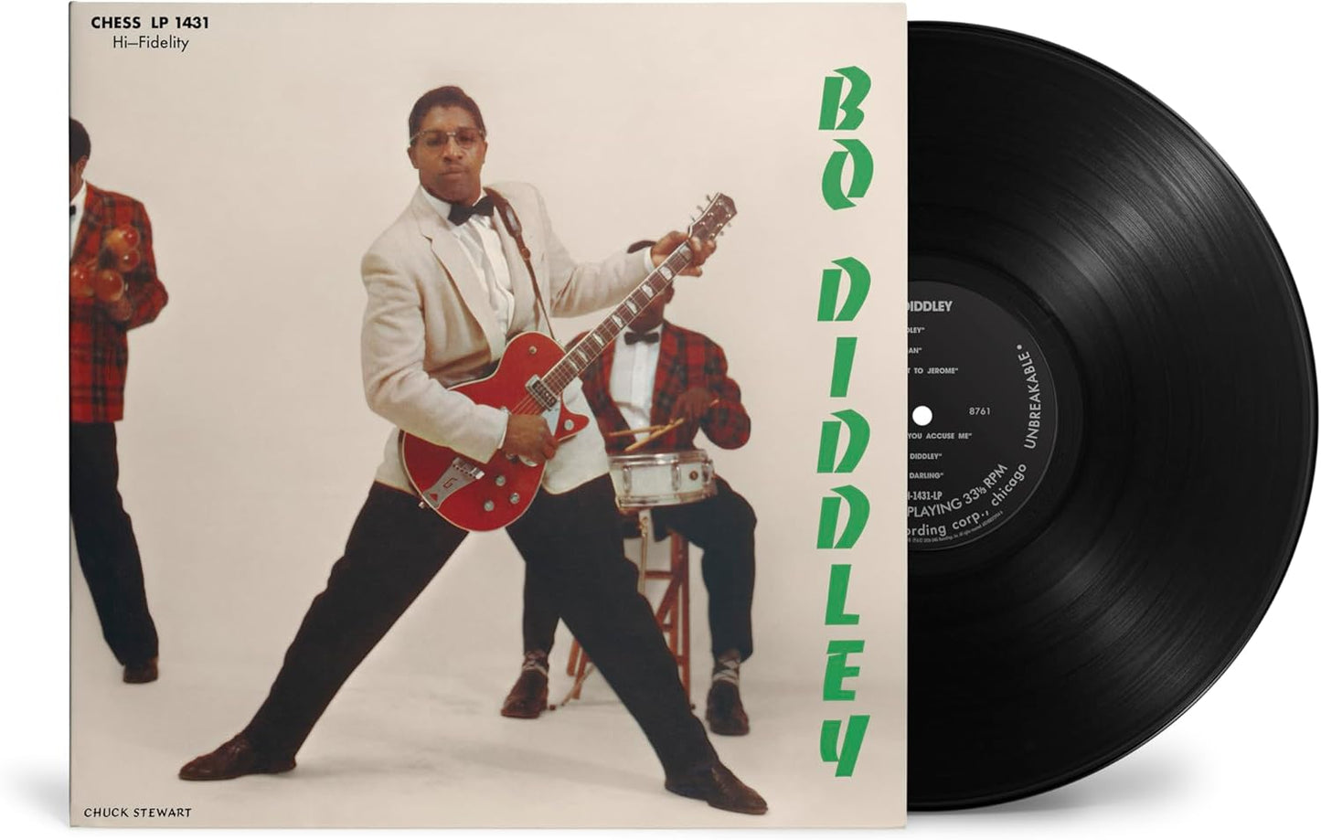 Close up of the vintage style Chess Records maroon and silver center label on the black vinyl disc.