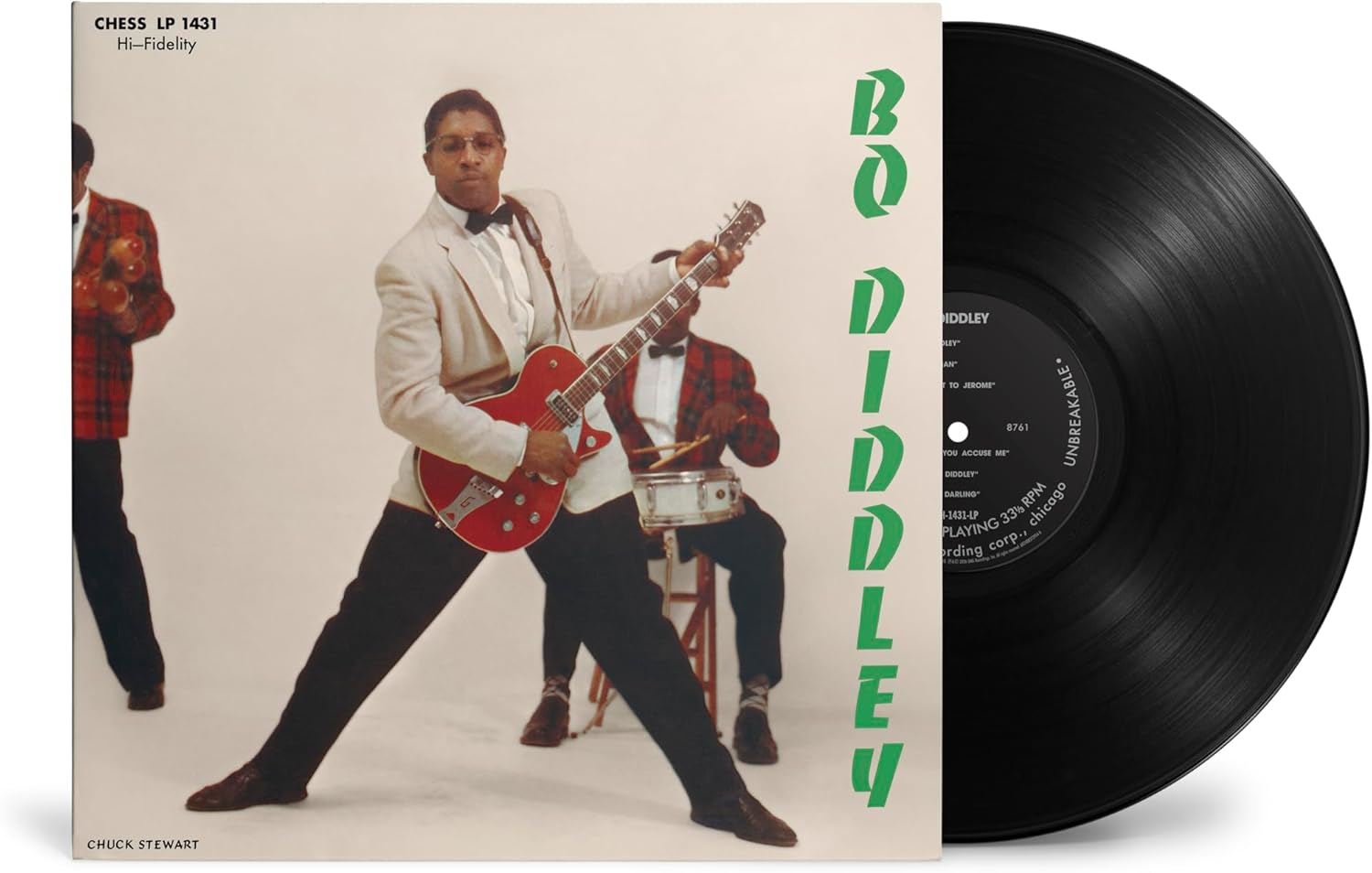 Close up of the vintage style Chess Records maroon and silver center label on the black vinyl disc.