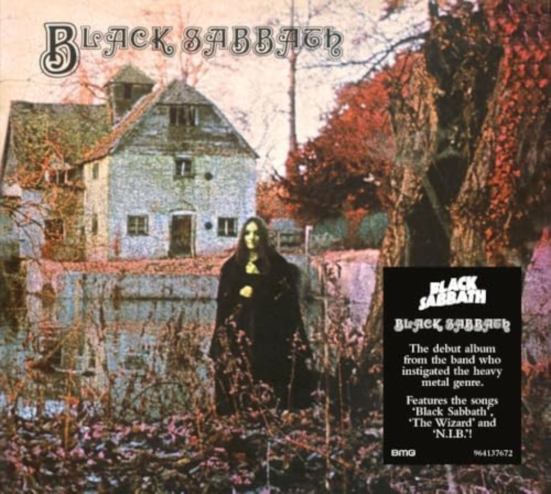 Front cover booklet artwork of the Black Sabbath debut CD featuring the classic eerie witch and watermill photo.