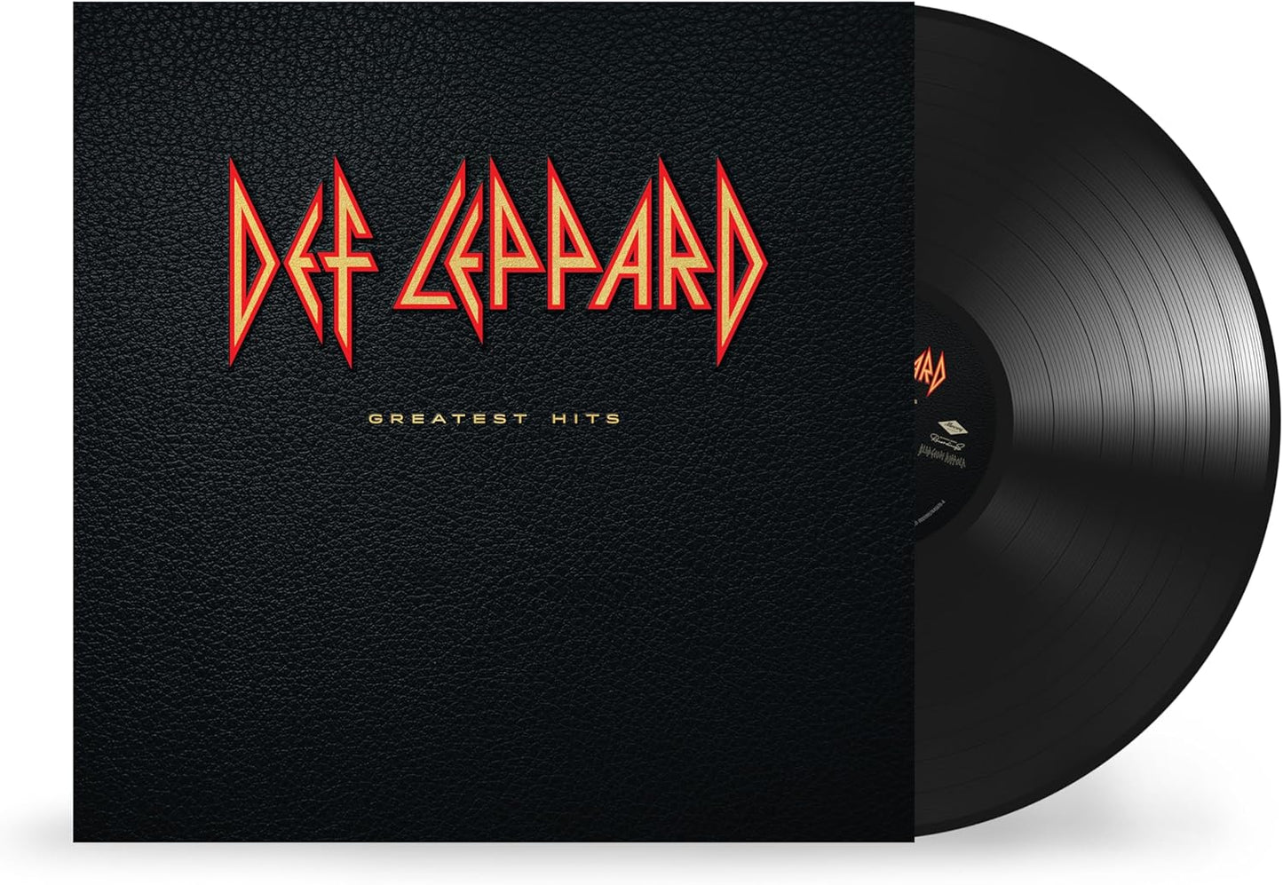 Close-up of the vintage style Mercury Records center label on the black wax pressing of Def Leppard Greatest Hits LP.
