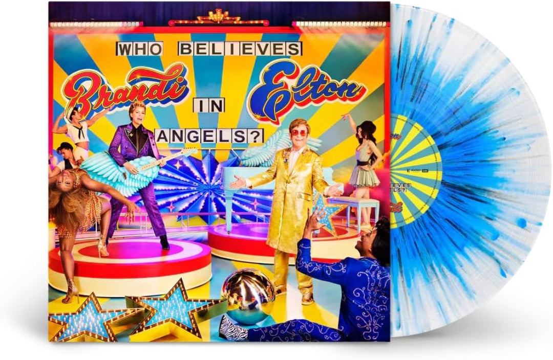 Close-up of the custom printed center label on the translucent blue splatter color wax variant of Who Believes In Angels LP.
