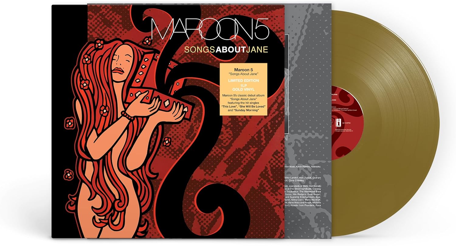 Maroon 5 Songs About Jane vinyl record showing the limited edition metallic gold 12 inch LP resting flat.