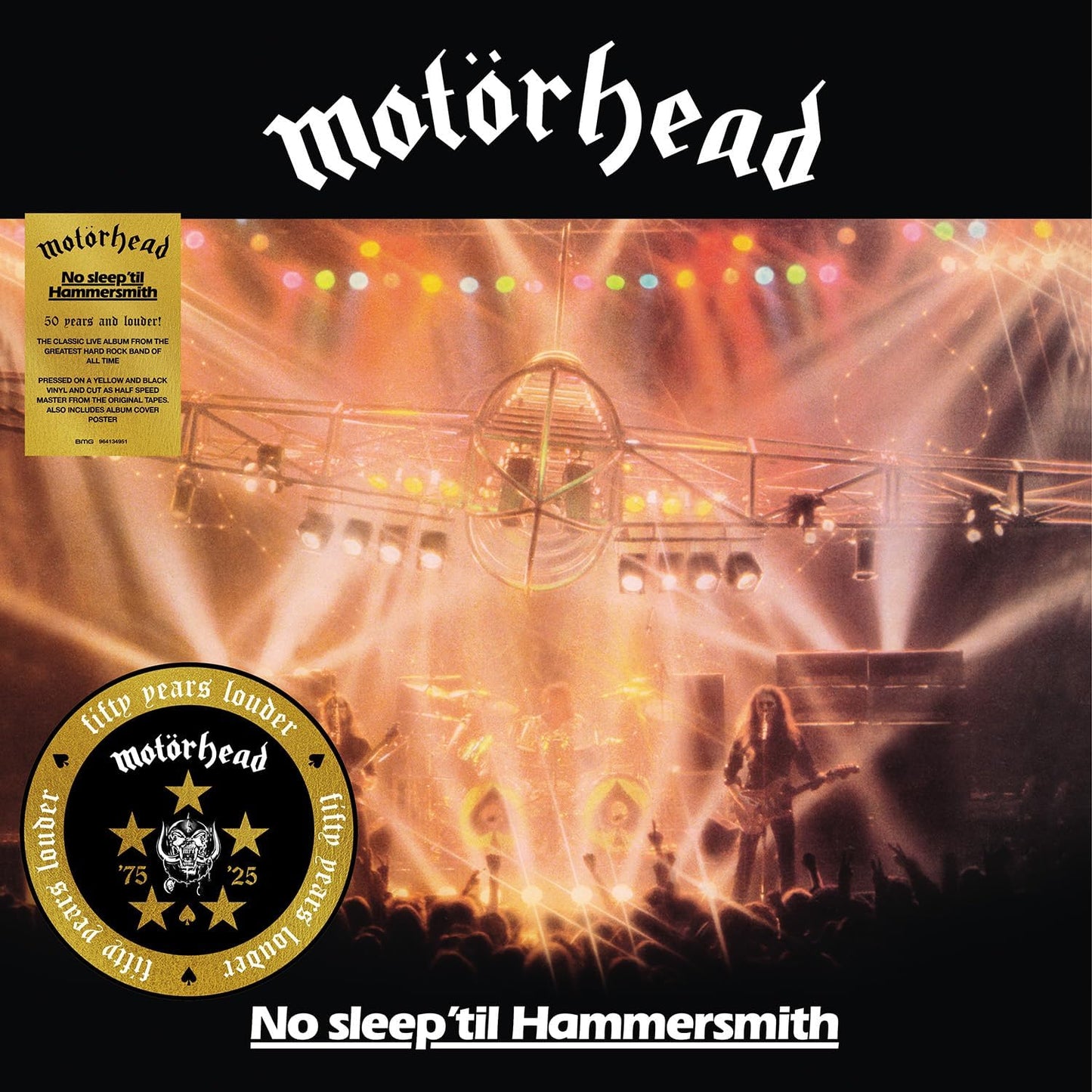 Front cover artwork of the Motorhead No Sleep til Hammersmith album featuring the dark high contrast live band stage lighting photography.