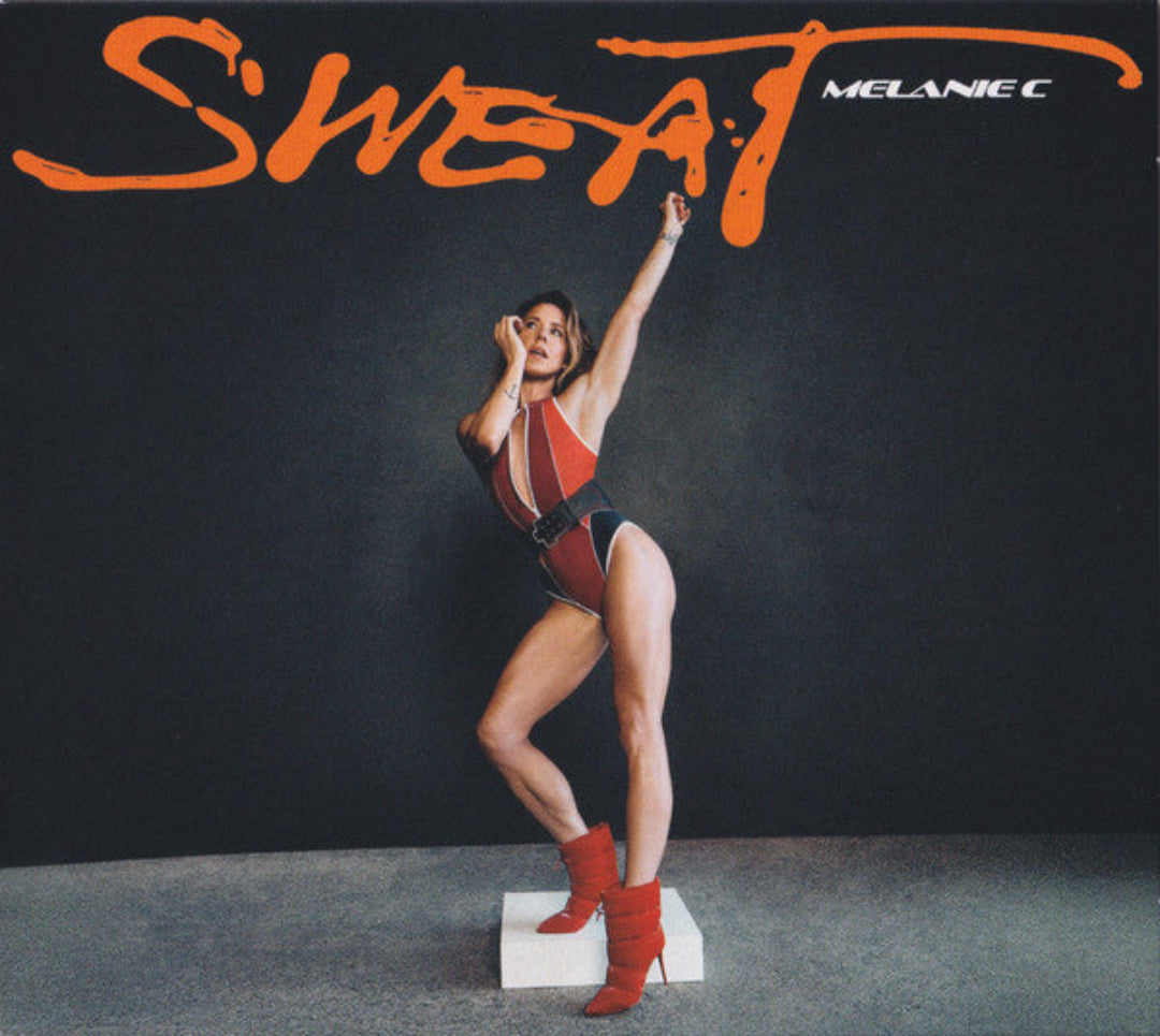 Close-up view of the minimalist art style and sharp visual formatting on the cover of Melanie C Sweat.