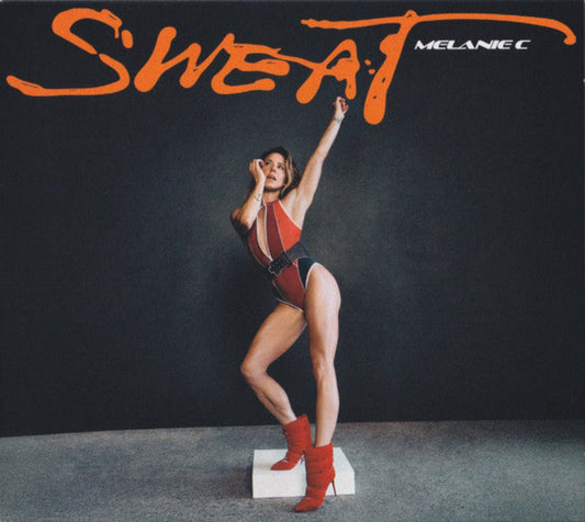 Close-up view of the minimalist art style and sharp visual formatting on the cover of Melanie C Sweat.