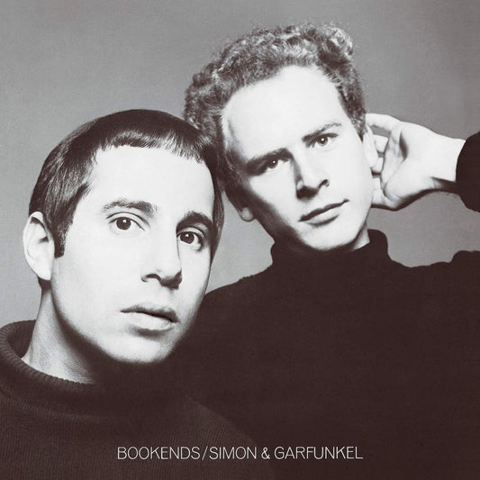 The front cover artwork of the Simon and Garfunkel Bookends album featuring a striking, close-up black and white portrait of the duo.