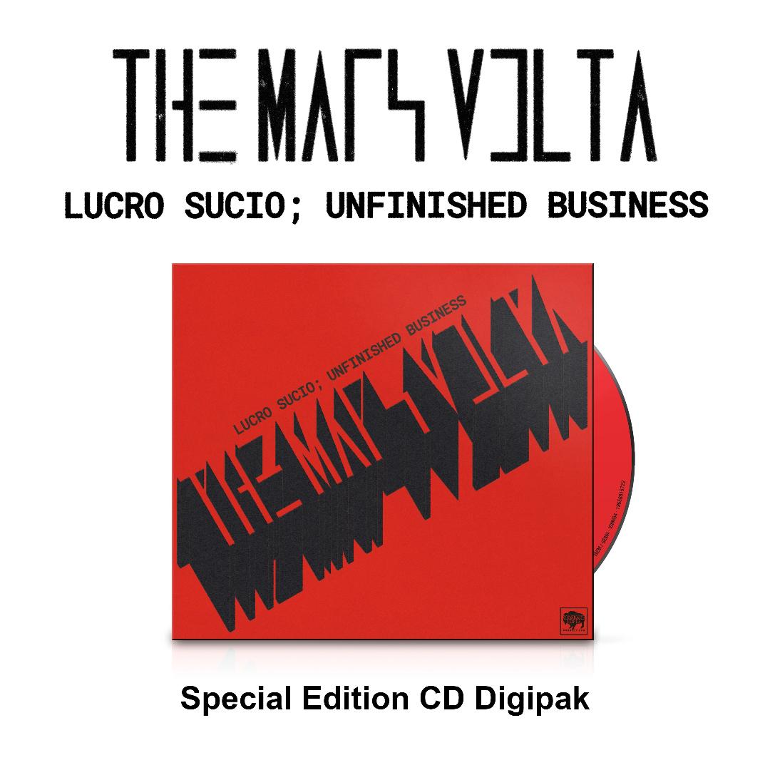 cover art of The Mars Volta's Lucro Sucio Unfinished Business Special Edition CD digipak, showcasing cryptic band symbolism and experimental typography.