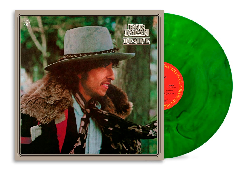 Desire Cypress Green marbled vinyl LP by Bob Dylan featuring classic folk rock.