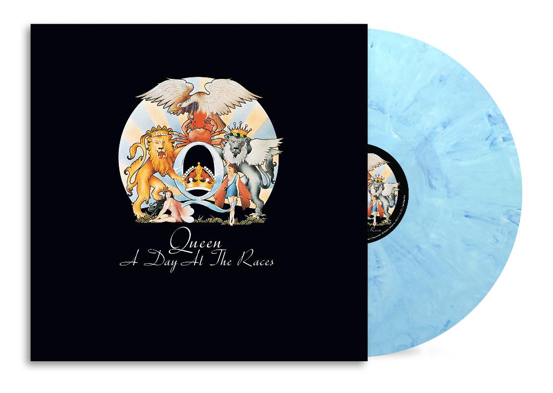 Queen A Day At The Races blue marbled vinyl LP featuring ten classic tracks from the 1976 album.