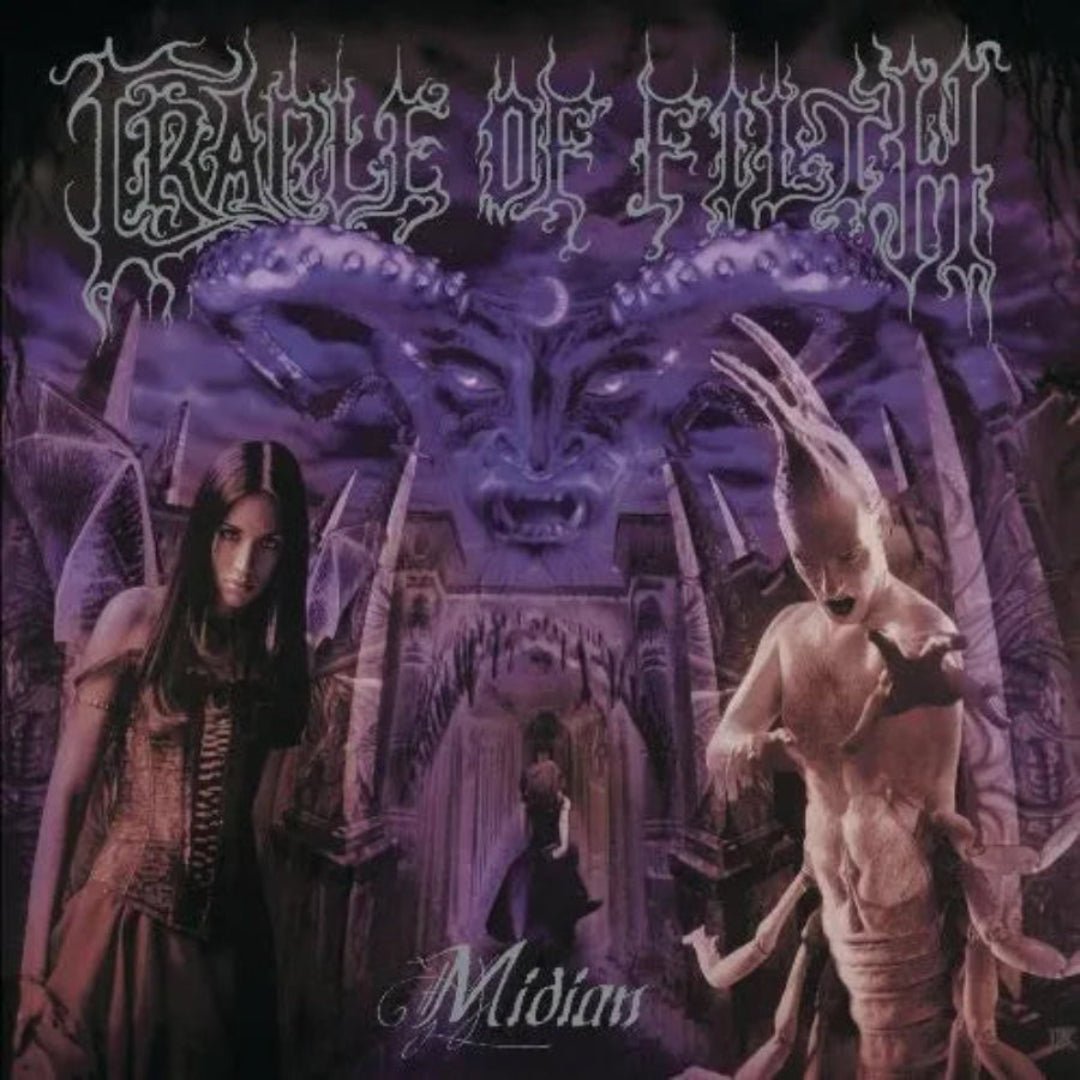 Album cover for 'Midian' by Cradle of Filth with gothic art and text.