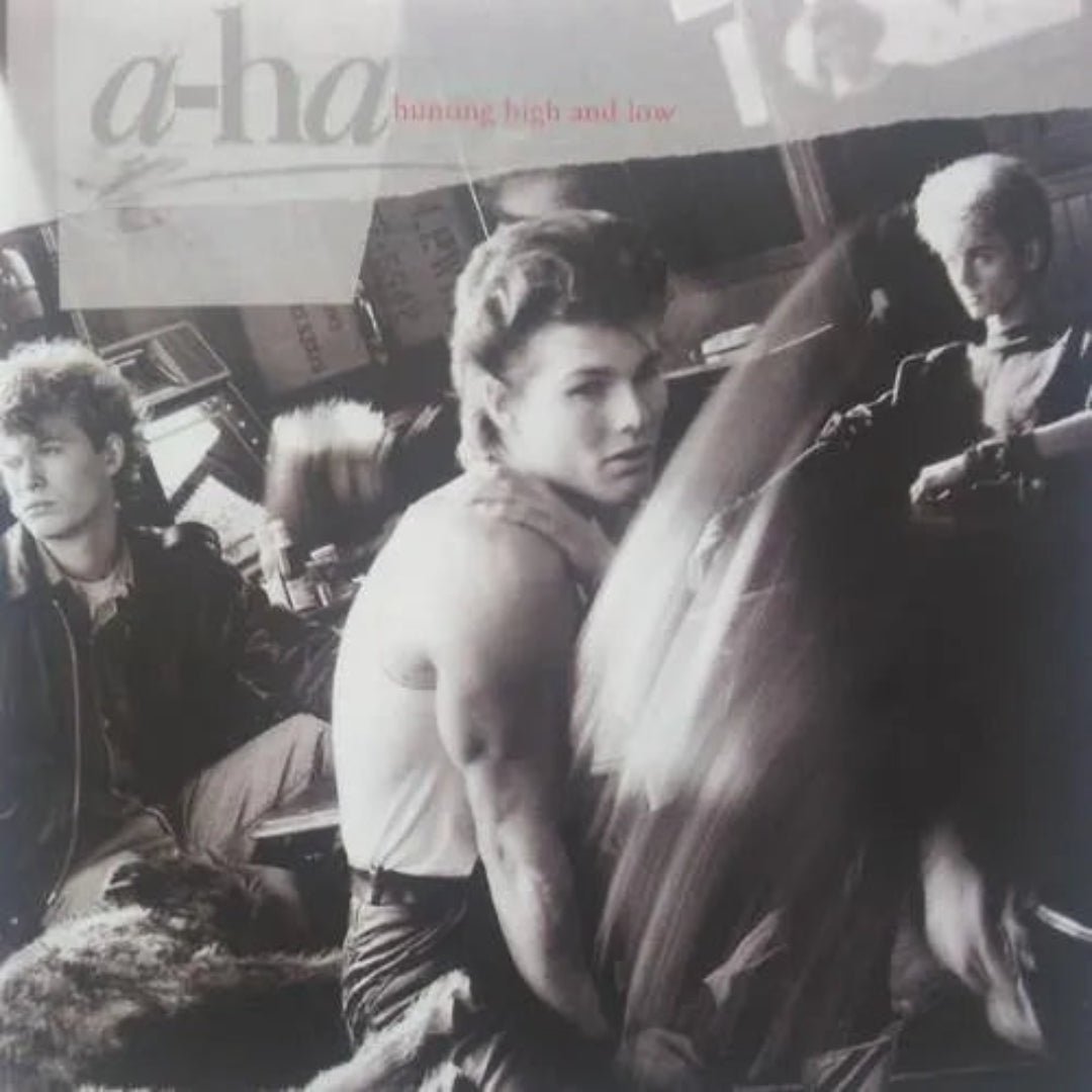 A-ha band portrait on Hunting High and Low album cover with 1980s styling