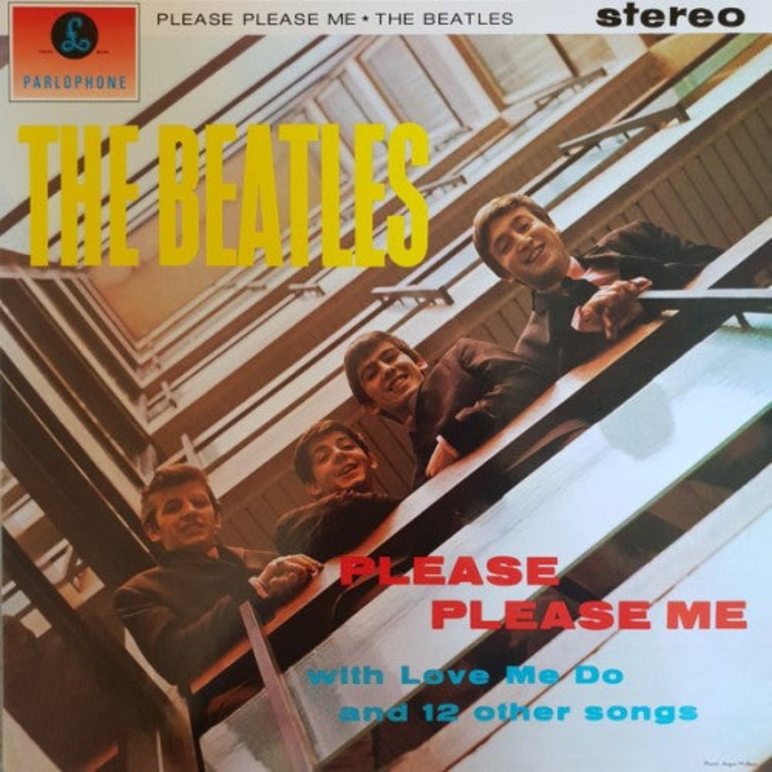 Close up of The Beatles Please Please Me vinyl record and album sleeve