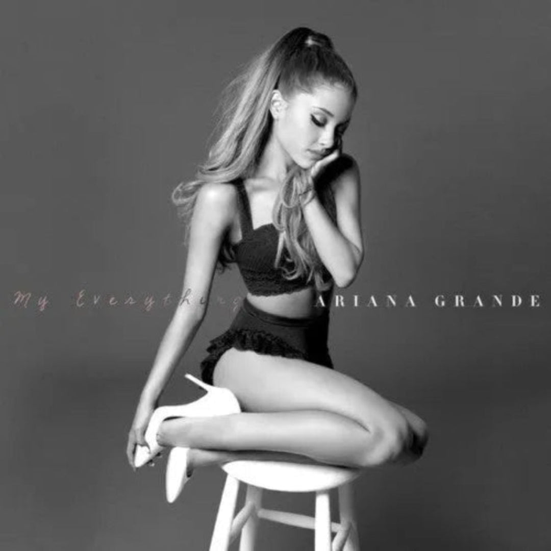 Ariana Grande My Everything album cover featuring the singer seated in black and white.