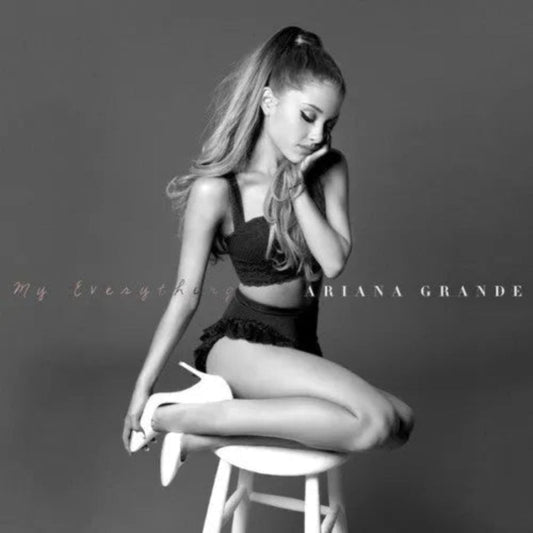 Ariana Grande My Everything album cover featuring the singer seated in black and white.