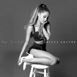 Ariana Grande My Everything album cover featuring the singer seated in black and white.