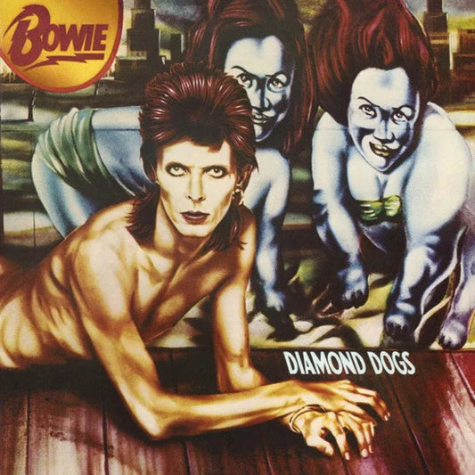 Album cover for 'Diamond Dogs' by David Bowie featuring a central figure and two other characters.
